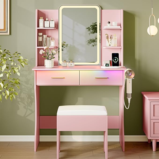 Makeup Vanity Desk with Mirror & Lights, Small Vanity Table Set for Girls with Chair & Power Outlet, Modern Dressing Table with 2 Drawers & 4 Storage Shelves, Adjustable RGB Lighting - Pink