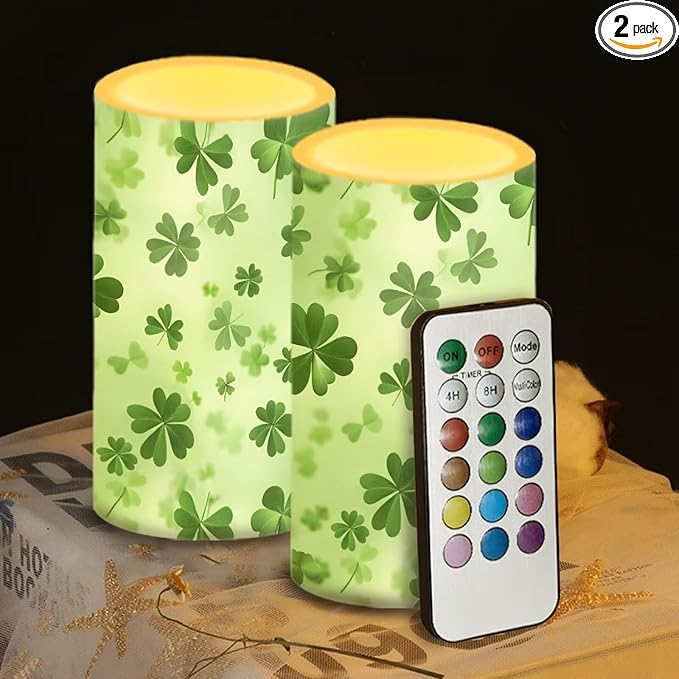 Green Leaves Candles Battery Operated Flameless Candles with Remote Fall Decorations LED Fake Candles for Home Bedroom St Patricks Day Table Decor 3 inch Set of 2