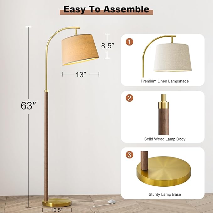 63" Wood Floor Lamps for Living Room with Foot Switch Arc Tall Standing Lamp for Bedroom Mid Century Modern Corner Gold Floor Lamps for Office Nursery Industrial Reading Lamp, Chestnut