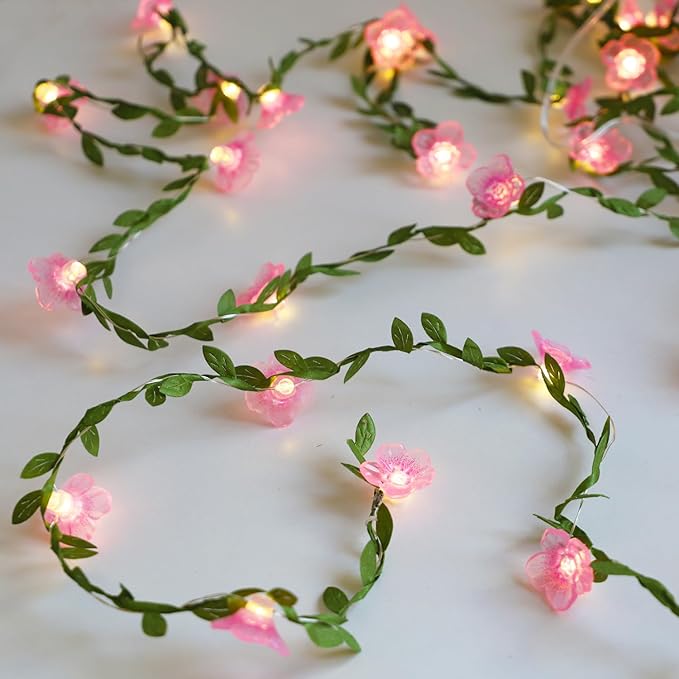 Cherry Blossom Decor Flower String Lights Vines with Fairy Lights Christmas, 30 LED Copper with Remote Control Battery Operated Pink Flower Garland Leaf for Locker,Bedroom, Wall,Christmas Decorations