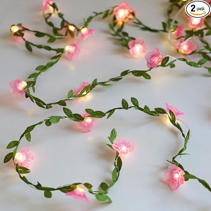 Cherry Blossom Decor Flower String Lights Vines with Fairy Lights Christmas, 30 LED Copper with Remote Control Battery Operated Pink Flower Garland Leaf for Locker, Wall,Christmas Decorations-2 Pack