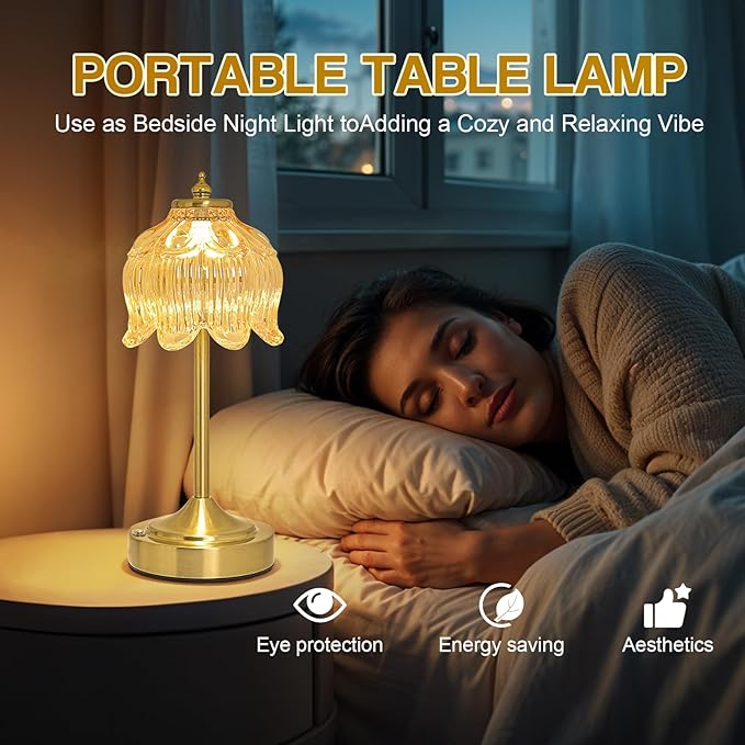 Cordless Lotus Flower Table Lamp, 5200mAh Rechargeable Battery Operated Portable Lamp, 3-Color Dimmable Touch Control Small Desk Lamp for Bedroom, Office, Kitchen, Nightstand,Room Decor (Flower Amber)