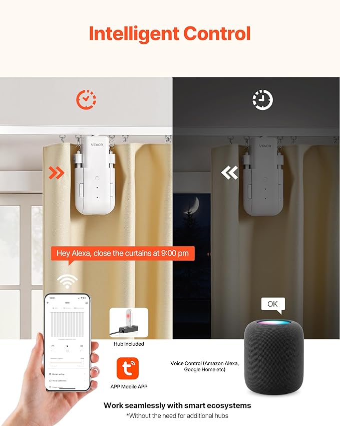 VEVOR Automatic Curtain Opener, APP and Remote Control, Hub Included, Electric Smart Curtain Opener Compatible with Alexa and Google Home, Timed Opening and Closing, for U-shaped/I-shaped Rails