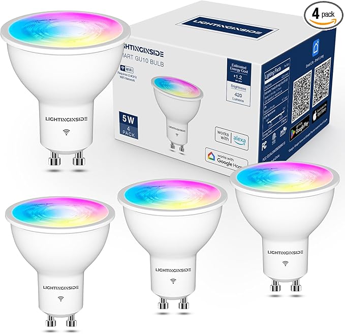 Lightinginside GU10 Smart Light Bulbs 50W Equivalent, 38°Beam Angle, Smart Bulb Works with Alexa/Google Home/SmartLife, 5W 420LM, RGBCW Bluetooth Spotlight Track Light, 2.4G WiFi, ETL Listed, 4PCS