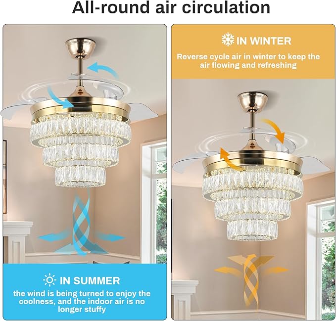 Finktonglan 42'' Dimmable Chandeliers Fan, Crystal Ceiling Fan with Lights with APP & Remote Control, Gold Fandelier Ceiling Fan, 3 Color Change, 6 Speed Reversible Fandeliers, Circulating Air