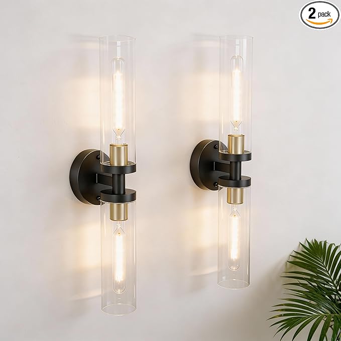 Black and Gold Wall Sconces Set of 2, Hardwired Bathroom Light Fixtures, Modern Bathroom Vanity Wall Lighting with Clear Glass Shade, Farmhouse Wall Sconce for Mirror Bedroom Hallway, E26 Base
