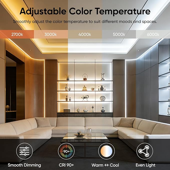 V4light Smart COB LED Strip Lights 32.8ft 24V, Tunable White 2700K–6500K Dot-Free Lighting, Alexa & Google Voice Control, App & Remote, CRI90+ Under Cabinet Lighting for Kitchen & Closet