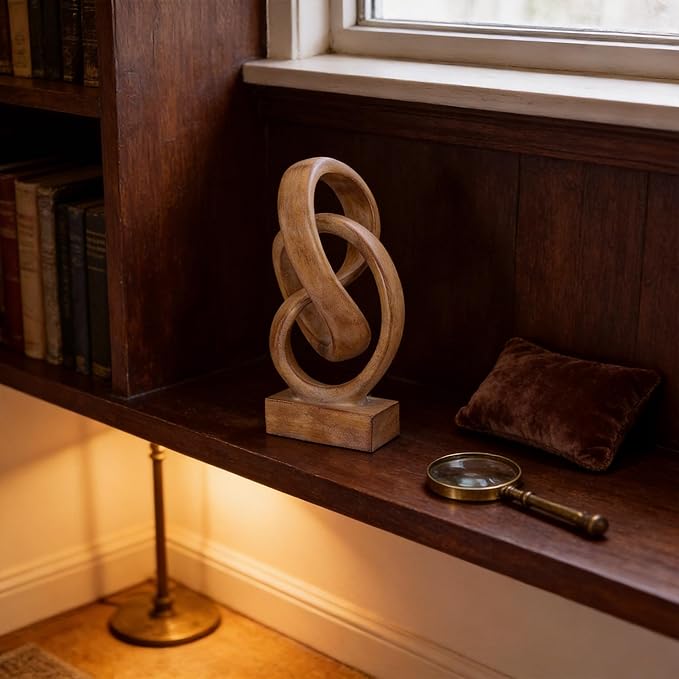 WUBIANJIE Modern Abstract Knot Sculpture, Artistic Mobius Inspired Resin Decor, Elegant Home and Office Decor, (Wood Color)