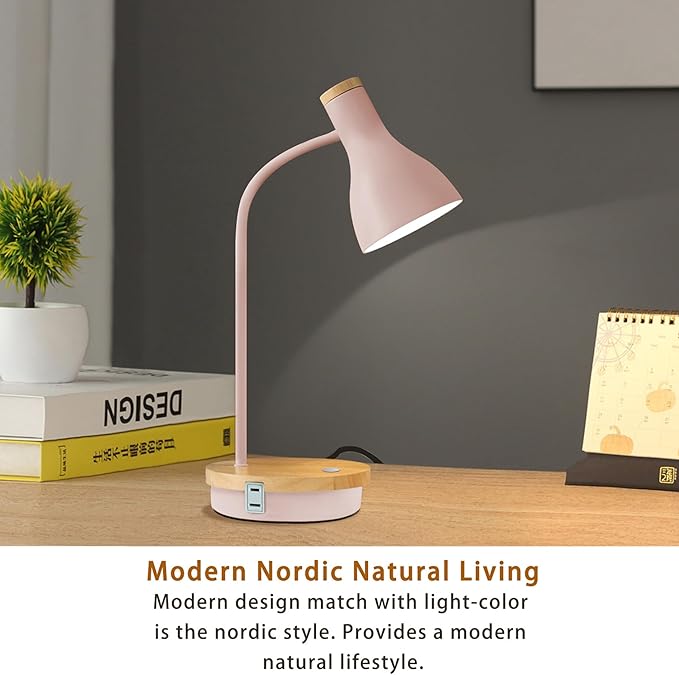 Metal Desk Lamp Wireless Charging Table Lamp Touch Reading Lights Arc Desk Lamps for Bedroom, 3 Way Dimmable Bedside Lamp with USB Charging Ports Lamp for Study Room and Office (Touch-Pink)