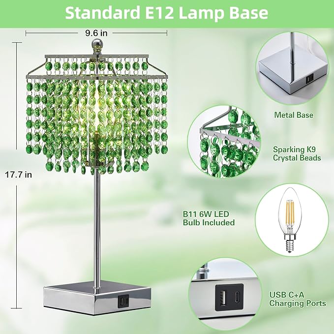 Luvkczc Crystal Table Lamp with Touch Control, Bedside Crystal Table Lamp with USB C+A Ports,Dimmable Lamp for Girls Bedroom, Living Room, Green & B11 LED Bulb Included