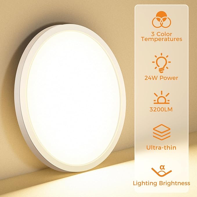 1PACK LED Flush Mount Ceiling Light Fixture, 3000K-4000K-6500K & 100W Equivalent Modern Kitchen Ceiling Lamp 24W 3200Lm 12 Inch Closet Round Surface for Bathroom Laundry Bedroom Hallway