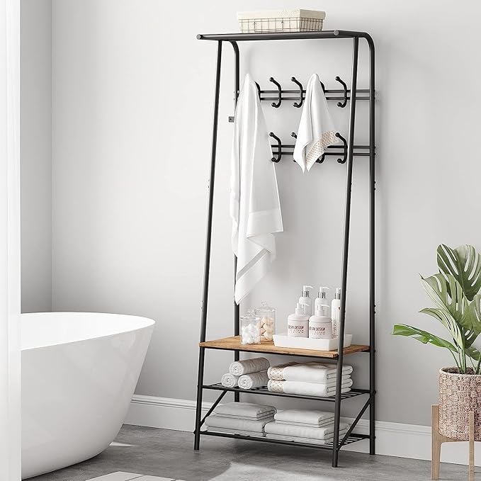 Coat Rack Shoe Bench with 5 Hooks, Entryway Hall Trees with Storage, Multifunctional Hallway Organizer, Wood Look Accent Furniture with Metal Frame, 4-in-1 Hall Trees Shoe Bench (2 Rows-10 Hooks)