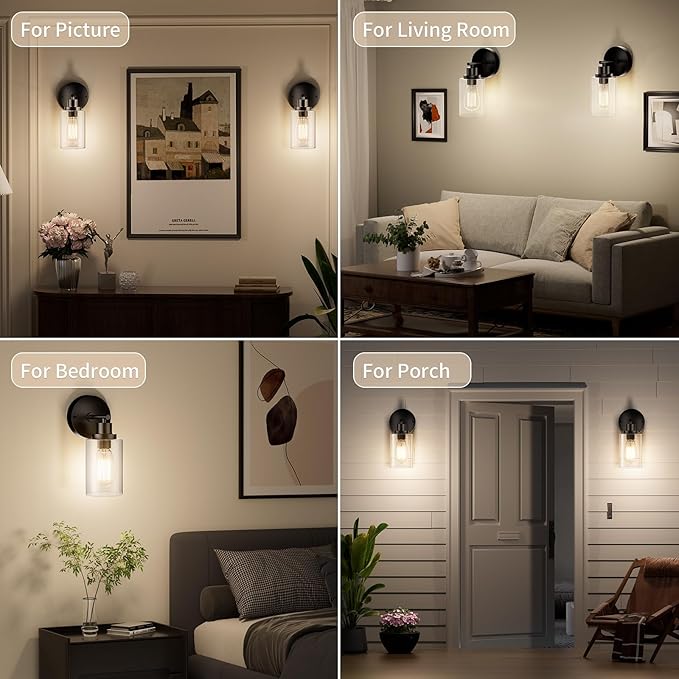 Bathroom Wall Sconces Set of Two: Black Vanity Light Fixtures with E26 Base LED Cordless Indoor Wall Mount Lamp for Mirror Bedroom Hallway Stairway Modern Decor Lighting