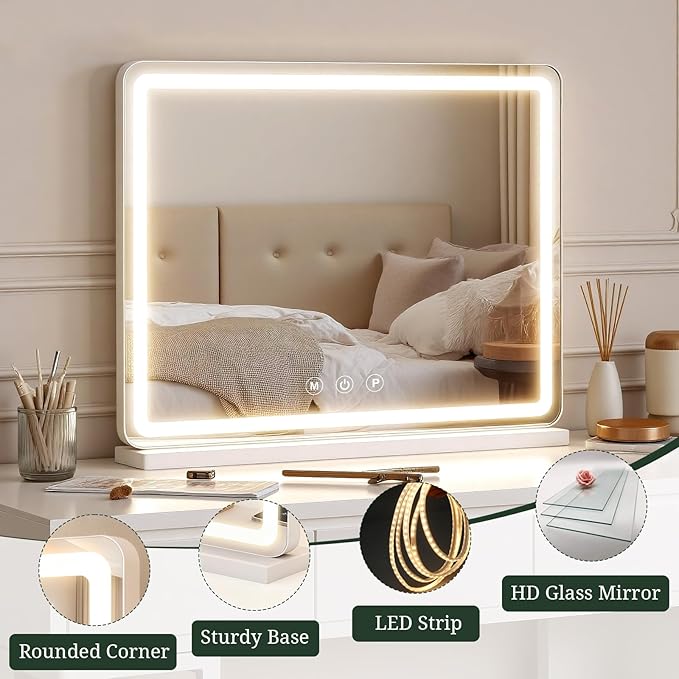 Vanity Mirror with Lights, LED Makeup Mirror with 3-Color Dimmable Lighting, Smart Touch Control, Memory Function, Tabletop Lighted Mirror for Bedroom, Dressing Room