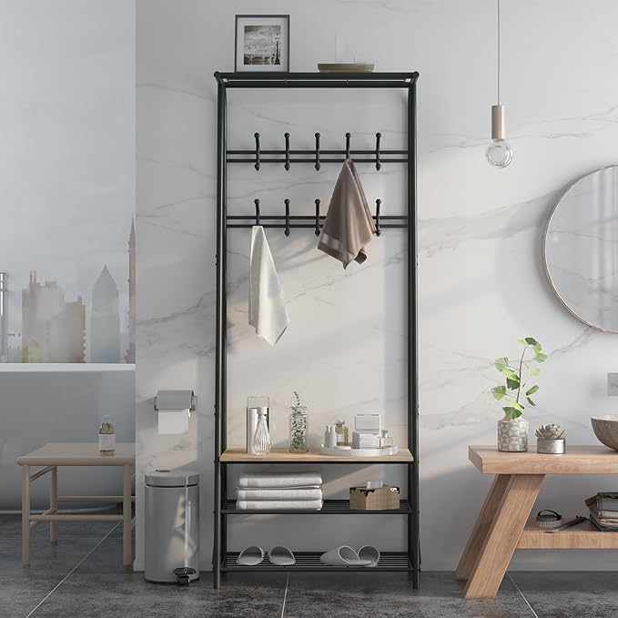 Jojoka 25" Coat Rack, Hall Tree with Shoe Bench and Storage, 4-Tier Shelf with 10 Hooks, Freestanding Metal Entryway Organizer for Hallway, Accent Furniture for Bathroom