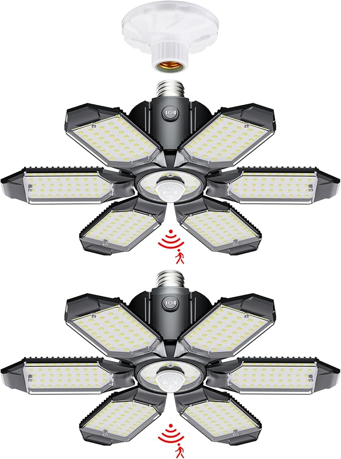 LED Garage Light Motion Sensor - 200W Deformable Garage Lights Ceiling LED, 20000LM Shop Lights Motion Activated, Motion Sensor Light Indoor for Garage, Workshop, Basement,Barn (2 Pack)