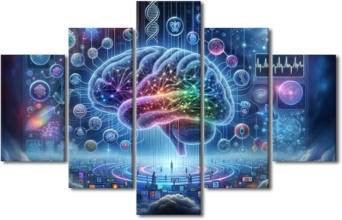 5 Panel Digital Brain in Colour Background Painting Artwork Neural Network Pictures for Living Room Wall Decoration Artificial Intelligence Canvas Printing Wall Art Wall Decor for Bedroom 60"Wx40"H