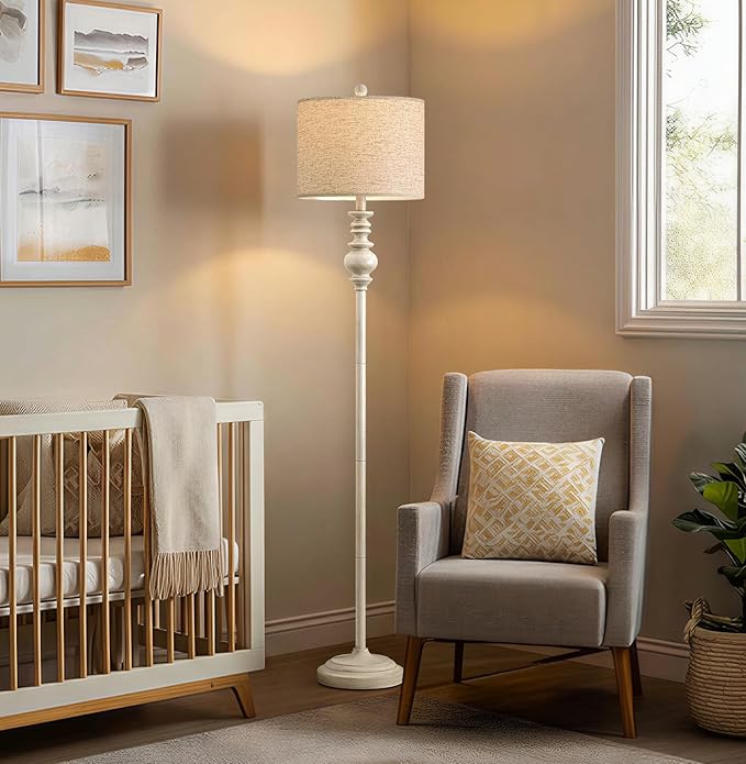 BOBOMOMO 64.25" Farmhouse Floor Lamp for Living Room, Tall Antique White Standing Lamp with Rotary Switch, Vintage Reading Lamp for Bedroom & Nursery, Rustic Home Decor Corner Lamp