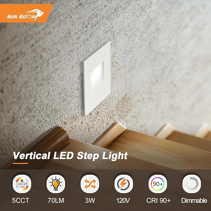 Vertical LED Recessed Step Light Fixture, 5CCT Selectable, IP65 Waterproof, 3W 70LM, 120V Stair Light Indoor Outdoor, 10%-100% Dimmable, White, ETL Listed - 8PK