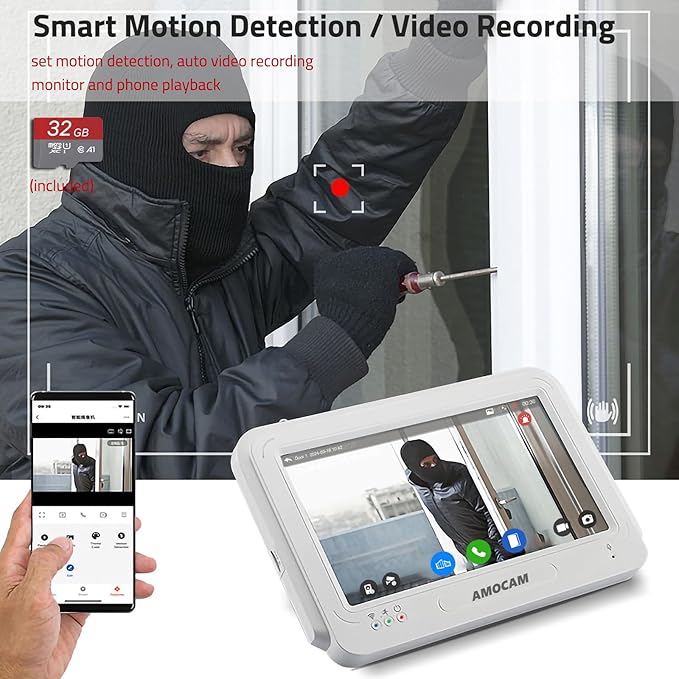 Wireless WiFi Video Doorbell Intercom System, 1080P Video Door Camera with Monitor, 7 Inch Touch Screen Video Door Phone, No Monthly Fees, Tuya APP Remote Intercom (Wired Power)