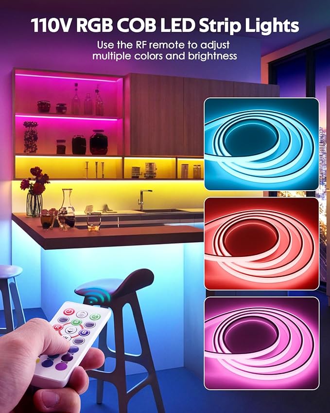 RGB COB LED Strip Light AC 110V 32.8FT Bluetooth Smart APP Remote Control Color Changing Dimmable Flexible RGB Neon Rope Lights 576LEDs/M Outdoor IP67 Waterproof for Bedroom Party Courtyard