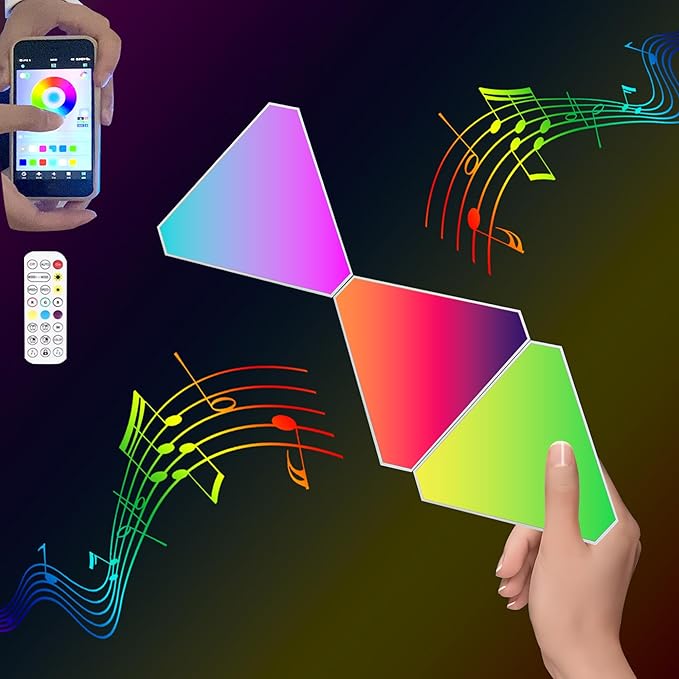 Smart RGB Modular Hex Light Panels LED Splicing Hexagon Bright Mood Wall Lamp Music Sync Creative DIY Geometric Gaming Lights Honeycomb Shape Panel (Side 5" -Triangle-RGB Color- 3 pcs)