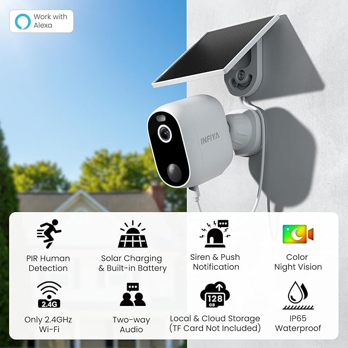Solar Camera Outdoor Wireless-2.4GHz Wi-Fi Outside Cameras for Home Security, PIR Motion Detection, Siren Alarm, 2K Color Night Vision, SD & Cloud Storage(Optional), Work with Alexa, Z1 2P