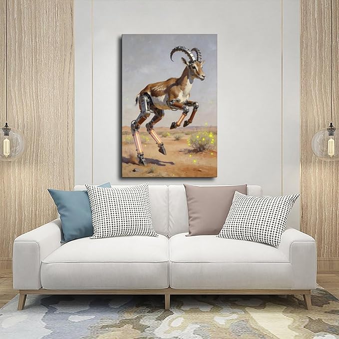 Framed Steampunk Mechanical Antelope Wall Art - Desert Futuristic Poster for Loft Living Room Decor 12x18inch(30x45cm)