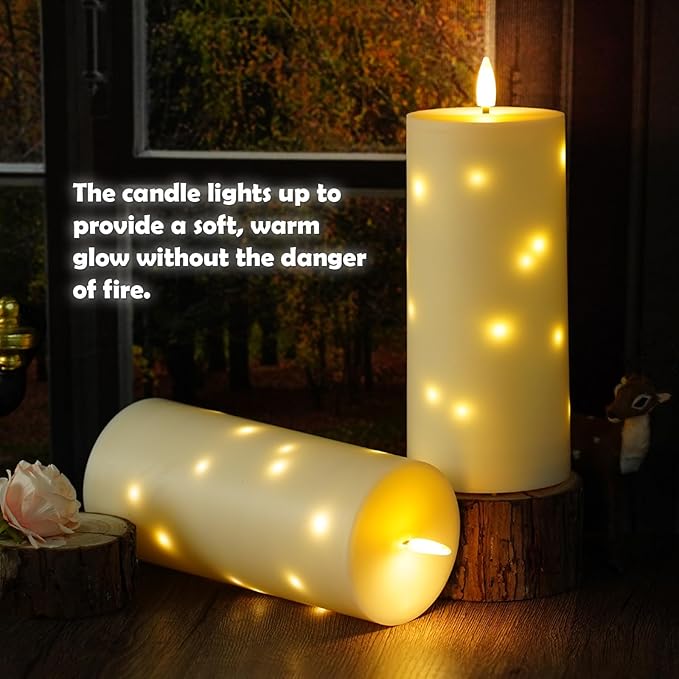 10" x 4" Large Outdoor Waterproof Flickering Flameless Candles with Timer,2Pcs Battery Operated LED Pillar Candles with Embedded Star String for Outdoor Lanterns,Porch,Patio Decor(Ivory)