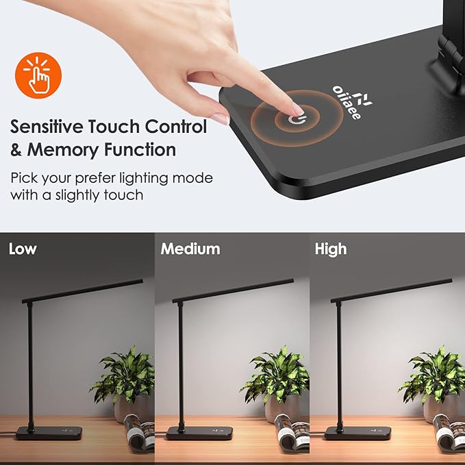 LED Desk Lamp, Eye-Caring Table Lamp with 3 Brightness Levels, Touch Control and Memory Function, Foldable Reading Lamp for Home Office Bedroom Study, 8W, 4000K, Black