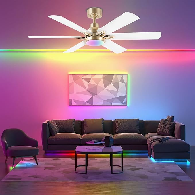52in Ceiling Fans with Lights RGB Ceiling Fan with Light and Remote/APP Control,Low Profile Ceiling Fans with Lights for Bedroom,Living Room,Kids Room,3CCT Dimmable Modern Ceiling Fan, 6 Speeds,white