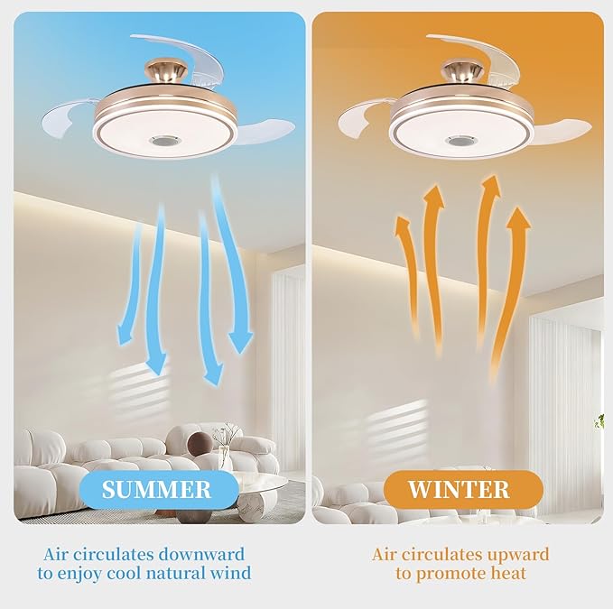 42 inch Ceiling Fan with Light, Retractable Chandelier Ceiling Fans with Lights, Bladeless Ceiling Fan with Light for Bedroom Living Room