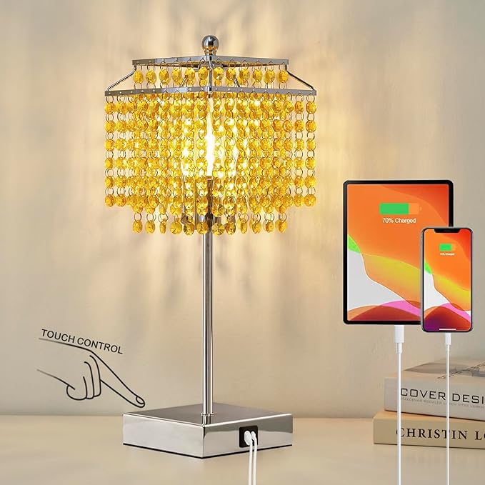 Luvkczc Crystal Table Lamp with Touch Control, Bedside Crystal Table Lamp with USB C+A Ports, Dimmable Lamp for Girls Bedroom, Living Room, Light Yellow & B11 LED Bulb Included