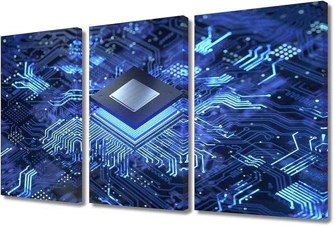 3 Pieces Smart Chip Canvas Wall Art Painting CPU Concept Wall Decor for Living Room Pictures Print on Canvas Circuit Board Framed Modern Artwork for Home Bedroom Decorations Ready to Hang(24" Wx36 H)