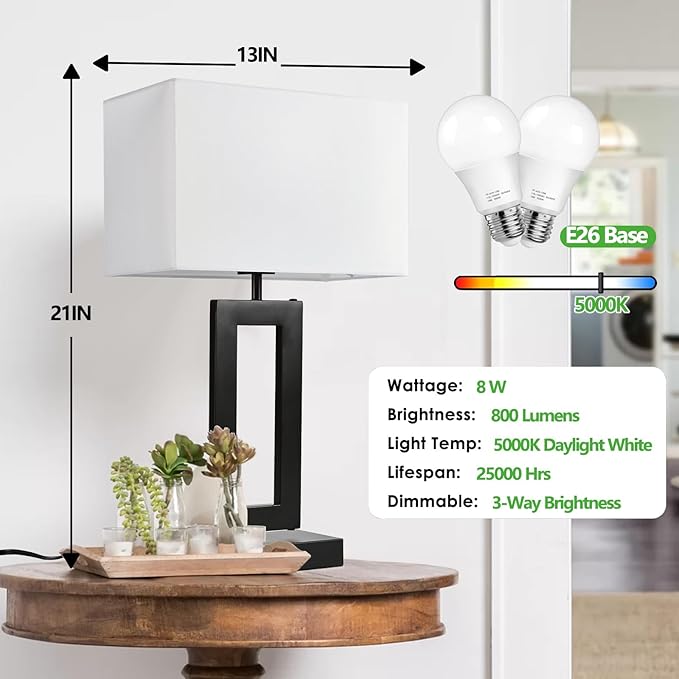 White& Black Table Lamp Set of 2 Touch Control Lamps 3-Way Dimmable Bedroom Bedside Nightstand Lamps w/USB Ports Modern Table Lamp for Living Room End Table Office, 22’’ Tall, Daylight