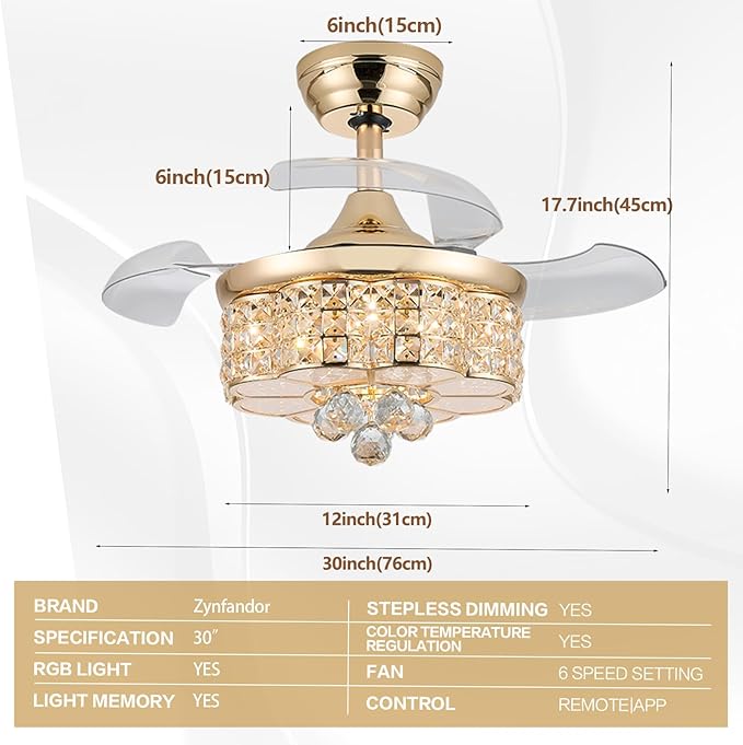 30" RGB Retractable Crystal Ceiling Fan with Light Dimmable Bluetooth Chandelier Fan, 6-Speed Timer, APP Remote Control for Bedroom,Gold