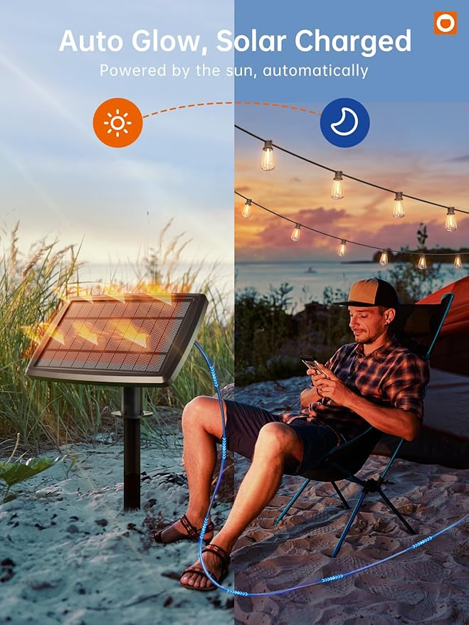 addlon 78FT(72+6) Solar String Lights Outdoor, Waterproof Solar Powered Outside Lights with Remote & USB Port, ST38 LED Shatterproof Bulbs, Dimmable Solar Light for Camping Backyard Porch