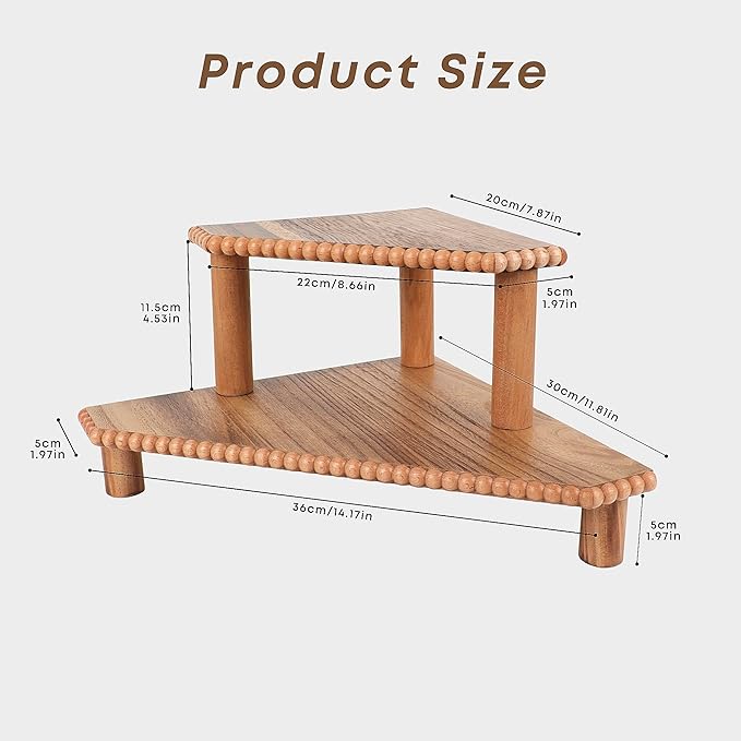 2-Tier Rustic Corner Shelf for Kitchen Counter,Wood Beaded Farmhouse Countertop Organizer with Removable Feet, Stackable Bathroom Vanity & Coffee Bar Decorative Riser Stand(Rustic Brown)
