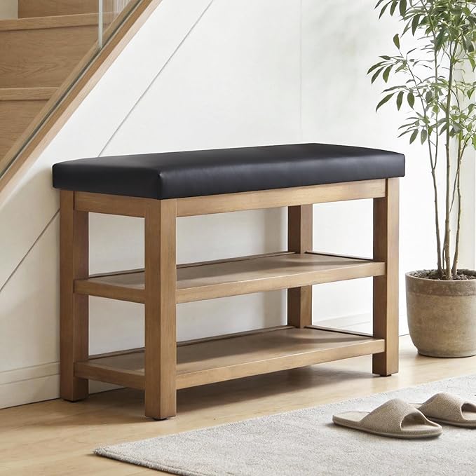 Shoe Rack Bench with Leather Cushion, 2 Tier Solid Wood Storage Bench, Mid-Century Modern Shoe Bench for Entryway, Hallway, Closet, Front Door Entrance, Foyer (Black, 31.5)