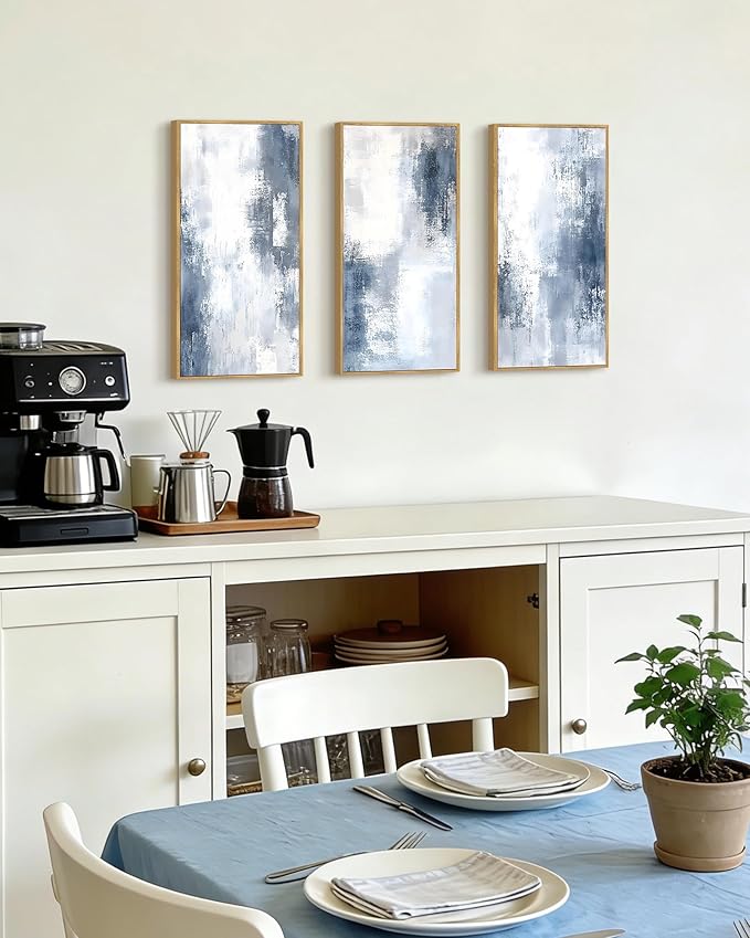 KUVIOKE Abstract Wall Art Blue Gray White Minimalist Painting Modern Decor Bedroom Living Room Ready to Hang 8x16in3pcs Natural Framed