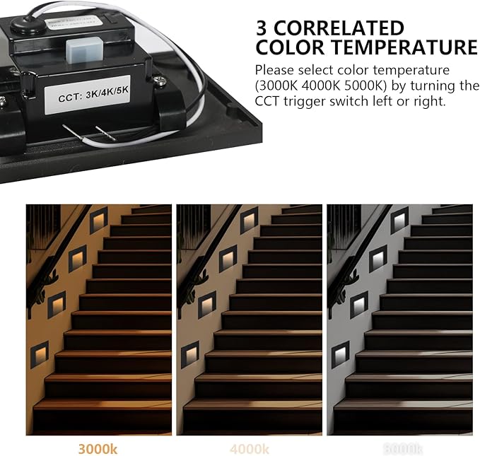 Low Voltage Step Lights Outdoor Indoor 12V-24V 3CCT 3000K/4000K/5000K CRI90+, 3W 150LM LED Stair Light Fixture, IP65 Stairway Lights Indoor Outdoor Wet Location