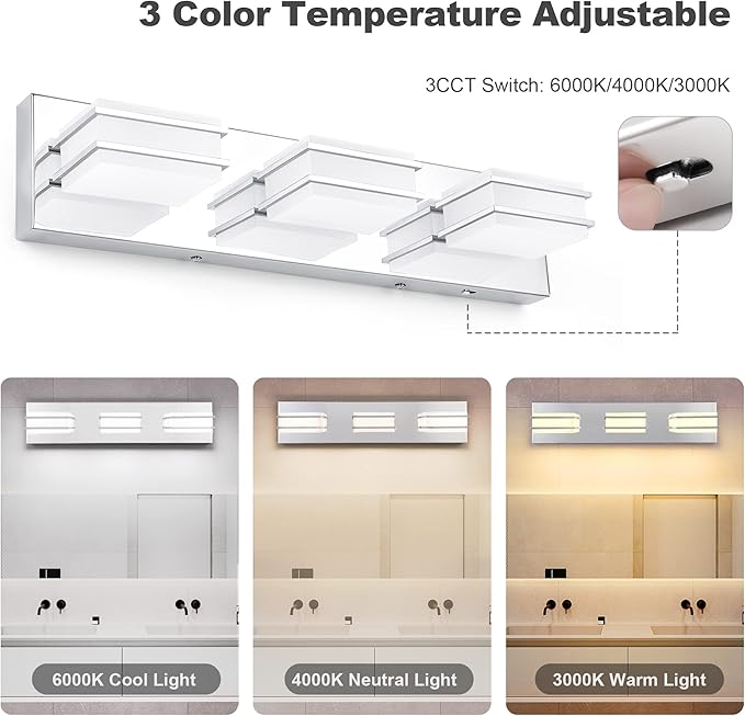 3 Color Temperature Dimmable Bathroom Light Fixtures over Mirror, LED Chrome 3 Light Vanity Lighting Fixtures, Acrylic Stainless Steel Square Shade Vanity Lights for Bathroom, ETL Certificated