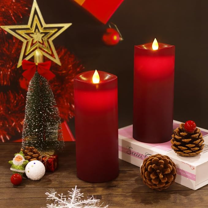 7” x 3” Flameless Candles, Flickering Moving Flame LED Candles, Battery Operated Candles with Remote and Timers, Burgundy, Set of 2