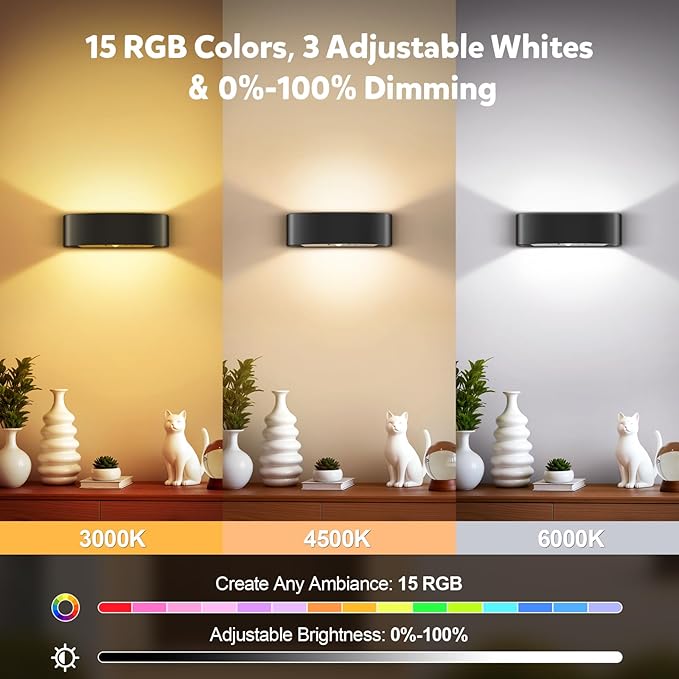Motion Sensor Wall Sconces Set of 4, Rechargeable 5000mAh Battery Operated Wall Light with Remote Control 3 Colors Temperatures & Dimmable 15 RGB Colors Up and Down Wireless Wall Mount Light