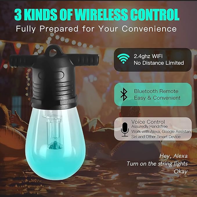 Upgrade 100ft Outdoor String Lights,Smart RGB Christmas LED Lights Work with Alexa, Waterproof Outside Patio String Lights with 30 Dimmable LED Bulbs,Color Changing Outdoor Lights with App & Remote