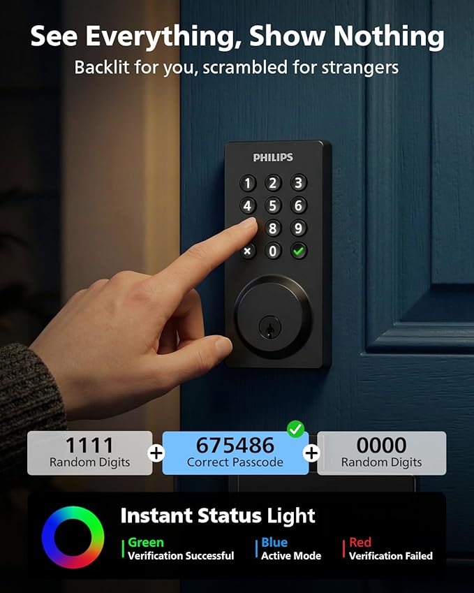 Philips Smart Lock, Smart Door Lock Built-in WiFi, App Remote Control, Keyless Entry Door Lock for Front Door, Deadbolt Lock Auto Lock, Support Alexa & Google, IP54 Waterproof, Black
