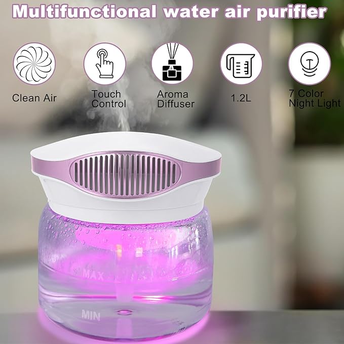 Water Air Purifiers for Home, Variable Speed Air Washer Aroma Diffuser, Quiet Rainbow Air Purifier with Water, Air Washer Humidifier, Essential Oils Fresher With Night Light for Home, Bedroom, Purple