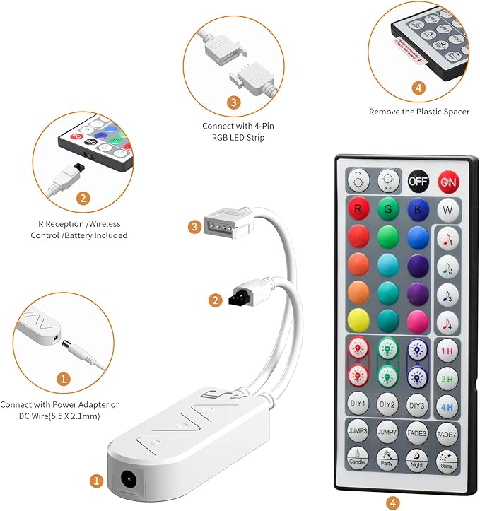 PAUTIX RGB LED Strip Light Wireless Smart Controller, 44-Key Remote and APP Control, Music Sync, Replaced Controller for 12V/24V 4-Pin COB SMD LED Strip Light, DIY and Timer Function