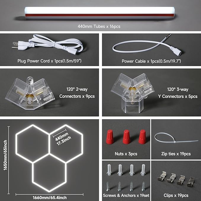 Hexagon Garage Lights Super Bright LED 6500K 128W 15360LM Honeycomb Hexagon Ceiling Light Fixture, Hex LED Wall Mount Lighting for Garage Home Gym Basement Workshop (3 HEX)
