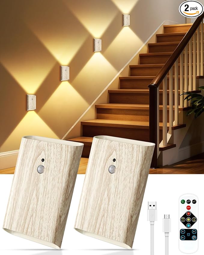 Rechargeable Motion Sensor Wall Sconce Set of 2 – 5000mAh Wireless Battery Operated Wall Light Indoor, 3 Colors Up/Down Lighting Magnetic Night Light with Remote Control for Bedroom, Hallway (Wood)